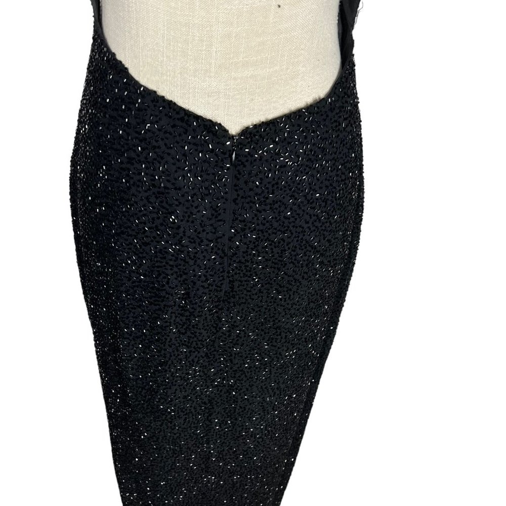 Vintage 90s Black Beaded High Neck Sleeveless Halter Open Back Full Length Dress - Picture 5 of 13
